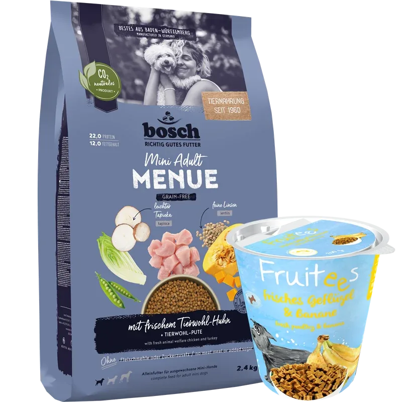 Kombipaket bosch HPC MENUE Mini Adult Tierwohl-Huhn + GRATIS bosch Fruitees frisches Geflügel & Banane
