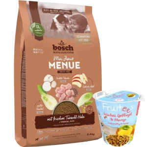 Kombipaket bosch HPC MENUE Mini Junior Tierwohl-Huhn + GRATIS bosch Fruitees frisches Geflügel & Mango