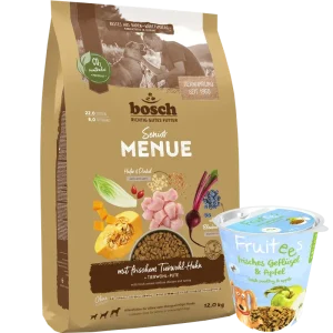 Kombipaket bosch HPC MENUE Senior Tierwohl-Huhn + GRATIS bosch Fruitees frisches Geflügel & Apfel