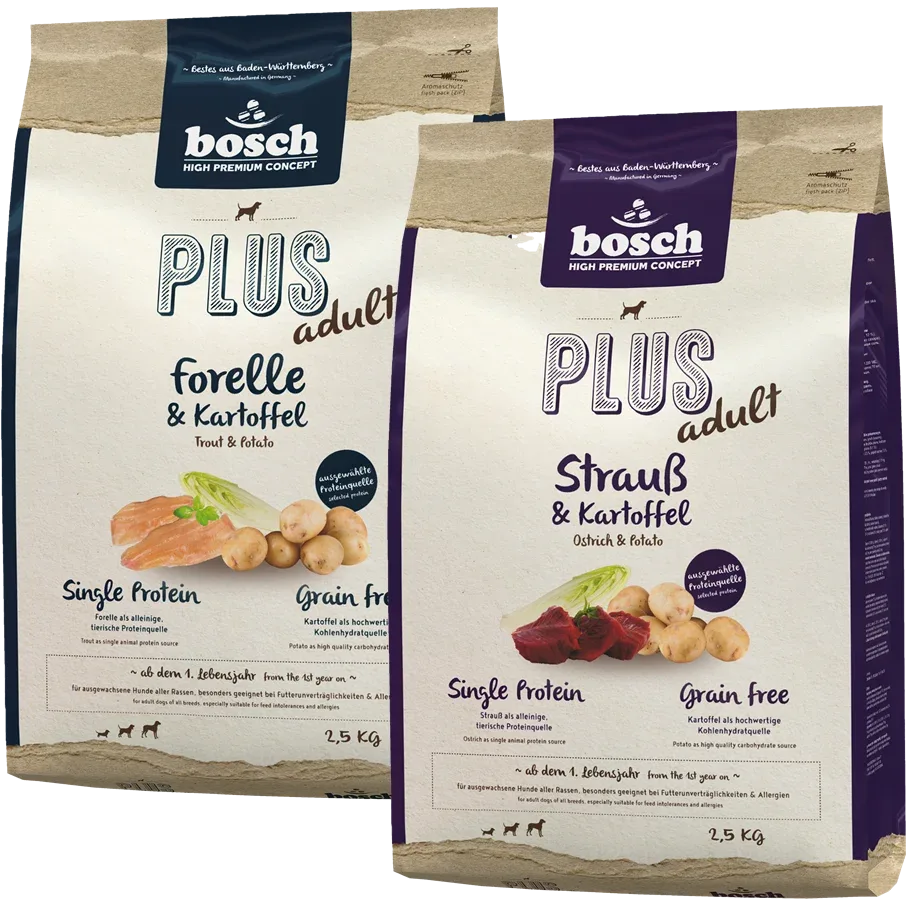 Kombipaket bosch HPC Plus Adult Strauß & Kartoffel 2,5 kg & bosch HPC Plus Adult Forelle & Kartoffel 2,5 kg