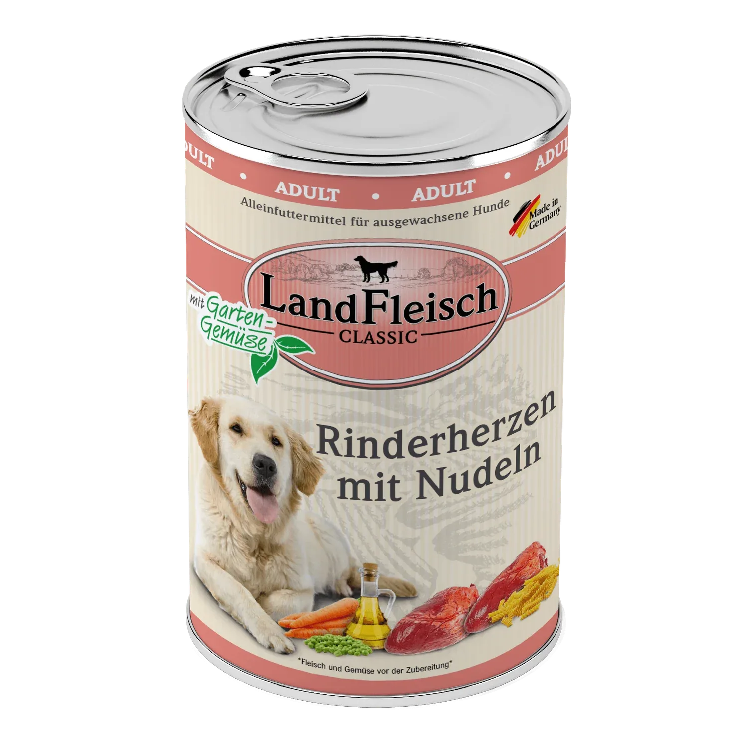 Landfleisch Dog Classic Rinderherzen mit Nudeln und Gartengemüse