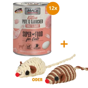 MAC's Cat Kitten Pute & Kaninchen 12 x 800 g + GRATIS TRIXIE Spielmaus
