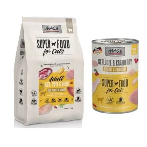 MAC´s Kombi-Paket: 12 x 400 g Nassfutter + 2 x 1,5 kg Superfood Trockenfutter 12 x 400 g Geflügel & Cranberry + 2 x 1,5 kg Adult Ente, Pute & Huhn