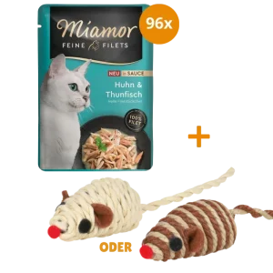 Miamor PB Feine Filets Huhn & Thunfisch in Sauce 96 x 100 g + GRATIS TRIXIE Spielmaus