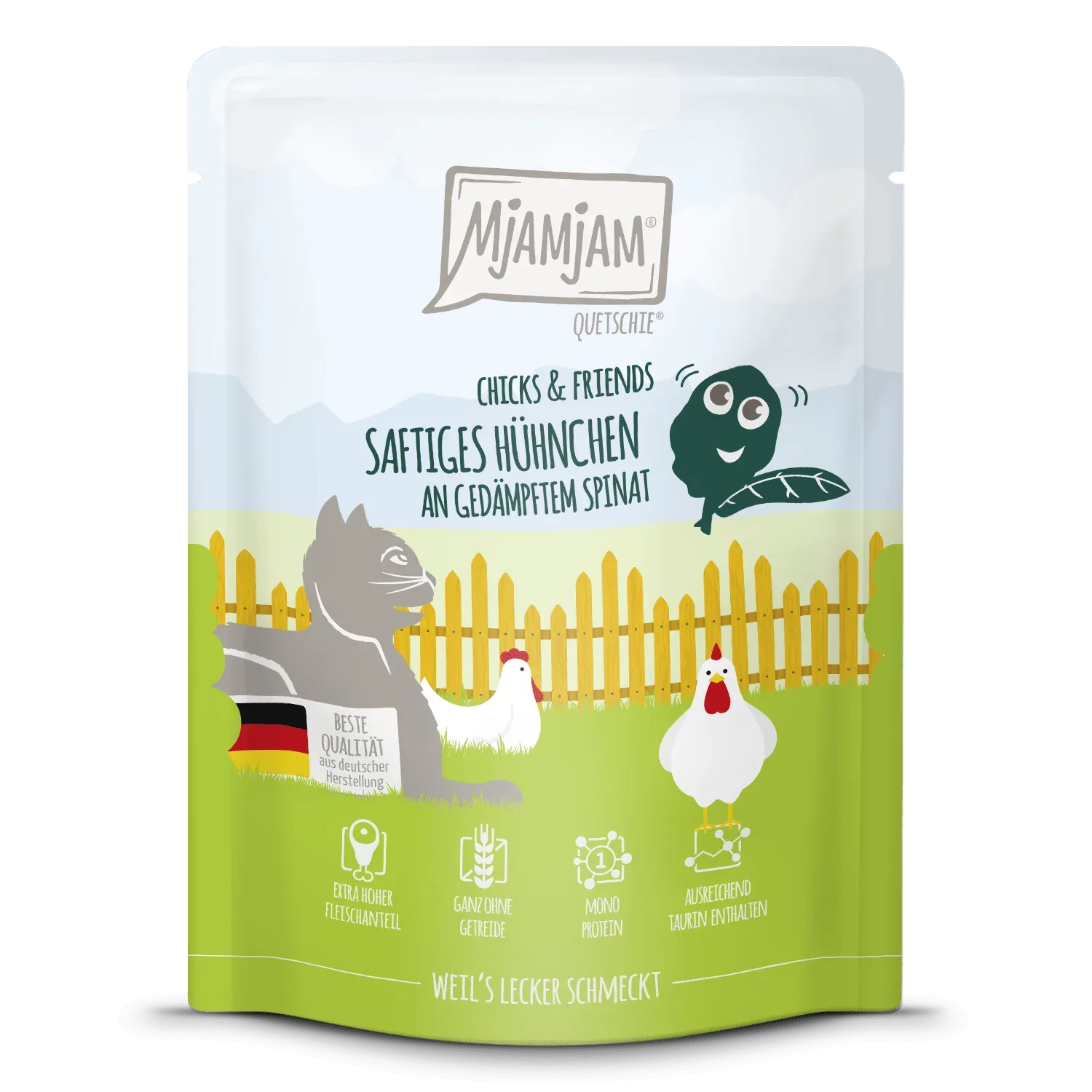MjAMjAM - Katze - Chicks & Friends saftiges Hühnchen an gedämpftem Spinat