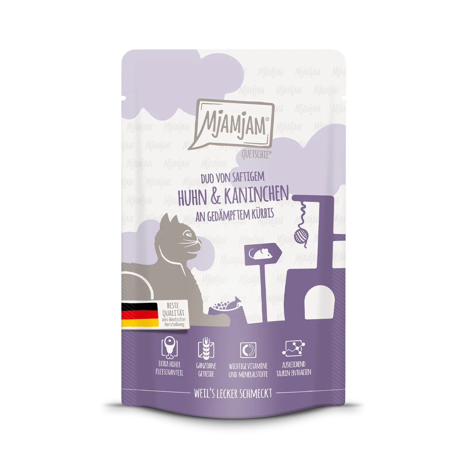 MjAMjAM - Katze - Quetschie - DUO von saftigem Hühnchen & Kaninchen an gedämpftem Kürbis