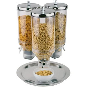 Robust & Sicher Cerealienspender - ROTATION - 3 Kunstoffbehälter - 3x 4,5 Liter - Edelstahlständer - HaustierPro