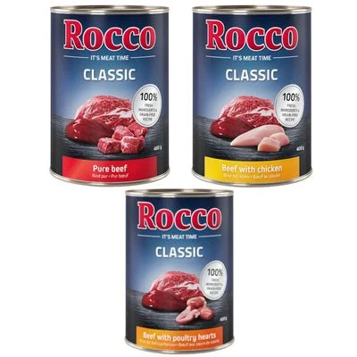 Sparpaket Rocco Classic 12 x 400 g Topseller-Mix: Rind pur, Rind/Geflügelherzen, Rind/Huhn