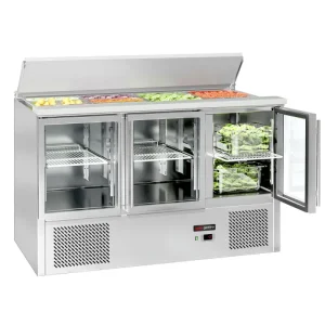Saladette ECO - 1370mm - 3 Glastüren - mit Einlass für 4x GN 1/1 & Edelstahldeckel - HaustierPro