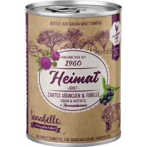 Sanabelle Heimat Dose zartes Hühnchen & Forelle mit Erbsen, Kartoffel und Aroniabeere 400 g