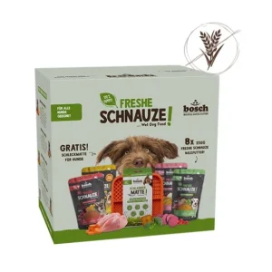 Schleckspaß-Mix für Hunde – 8 x 250 g Freshe Schnauze Nassfutter + gratis Schleckmatte