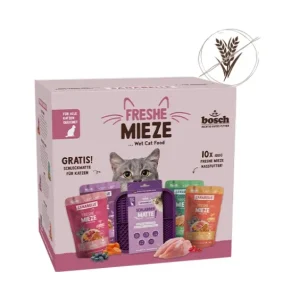 Schleckspaß-Mix für Katzen – 10 x 100 g Freshe Mieze Nassfutter + gratis Schleckmatte