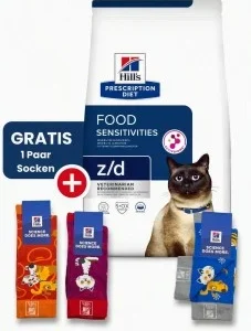 Spar-Set - Hill's Prescription Diet z/d Food Sensitivities Trockenfutter für Katzen 6 kg + Socken