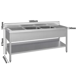 Spültisch ECO - 1800x600mm - mit Grundboden & 2 Becken mittig | Öko-Zertifiziert - HaustierPro
