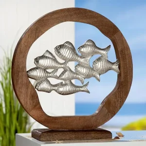 Standrelief, rund, "Fischschwarm", Fischmotiv, Mangoholz, naturfarben, silberfarben, L. 13 cm, D. 45 cm für das Aquascaping - HaustierPro