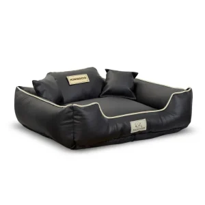 Waschbarer Bezug Hundebett KINGDOG ECOSHINE Laufstall 100x75 cm Antislip Schwarz mit weißem Rand Zwei kleine Kissen gratis dazu - HaustierPro