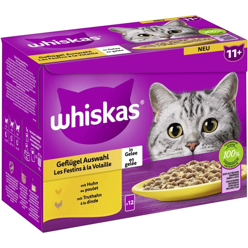 Whiskas Portionsbeutel Multipack 11+ Geflügel Auswahl in Gelee 12 x 85g
