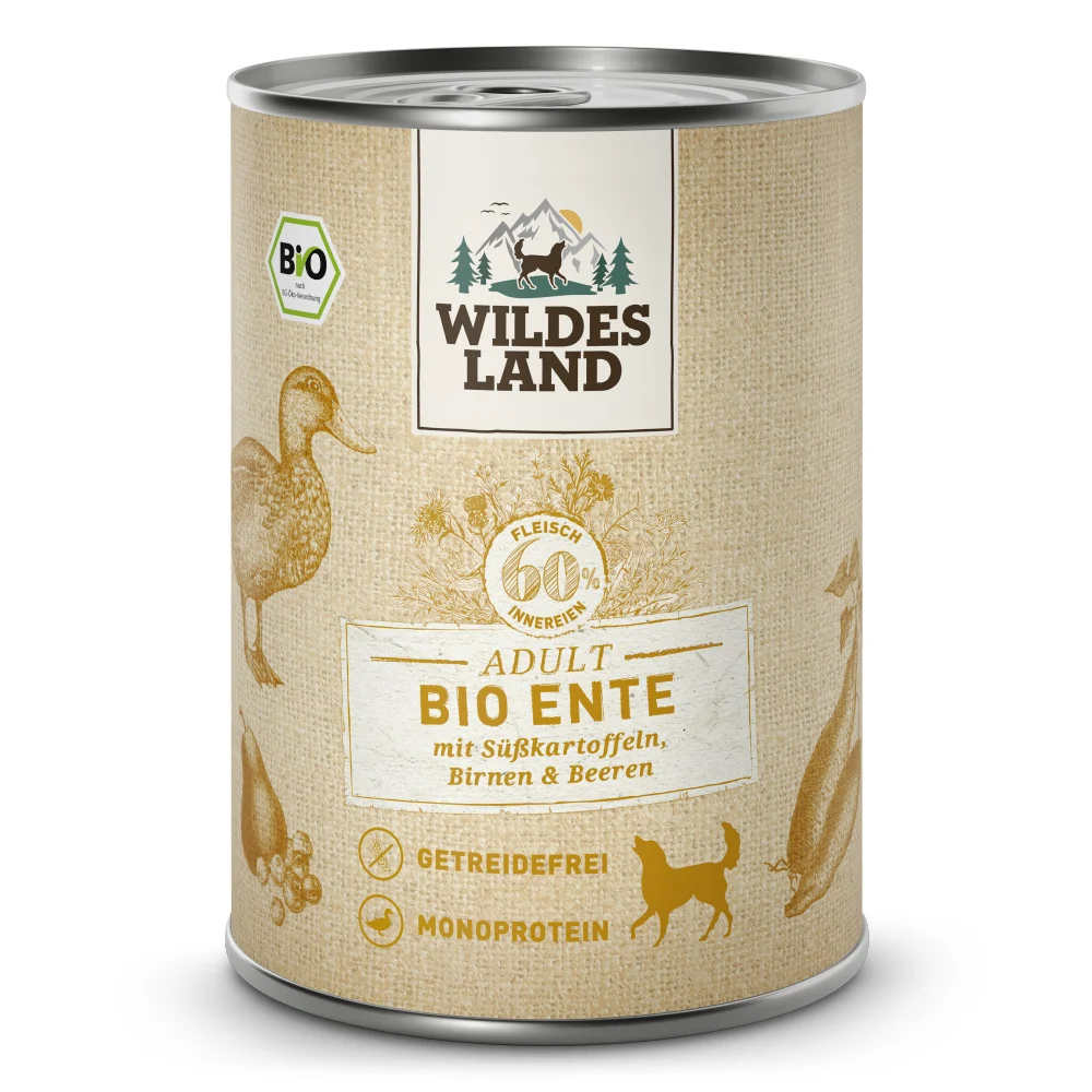 Wildes Land BIO Adult Ente mit S眉脽kartoffel & Birne Nassfutter 12 x 400 g
