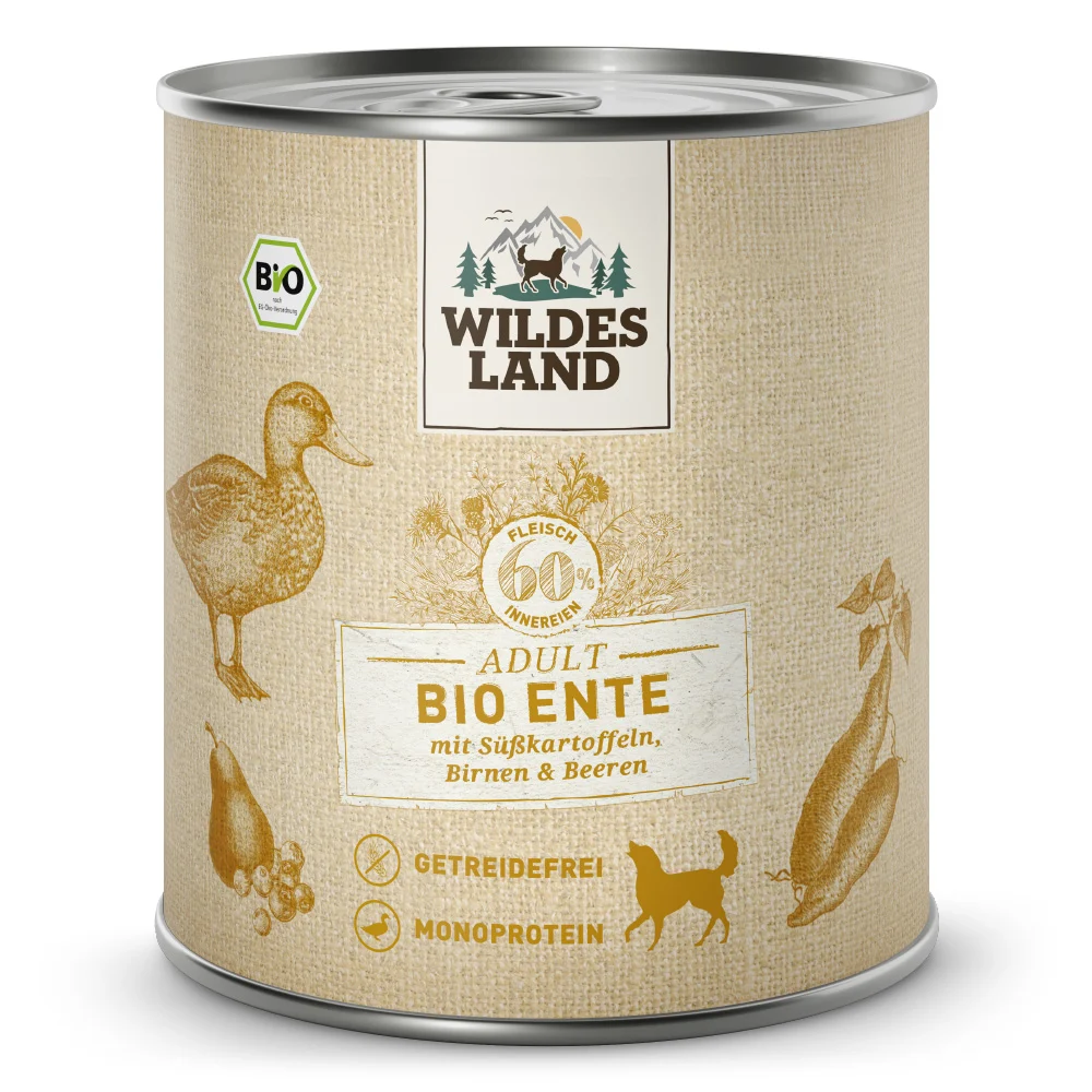 Wildes Land BIO Adult Ente mit S眉脽kartoffel & Birne Nassfutter 24 x 800 g