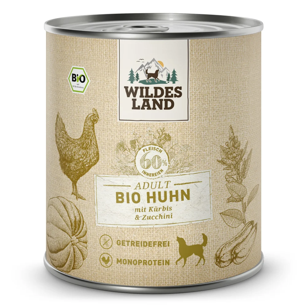 Wildes Land BIO Adult Huhn mit K眉rbis & Zucchini Nassfutter 12 x 800 g