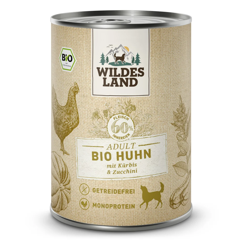 Wildes Land BIO Adult Huhn mit K眉rbis & Zucchini Nassfutter 24 x 400 g