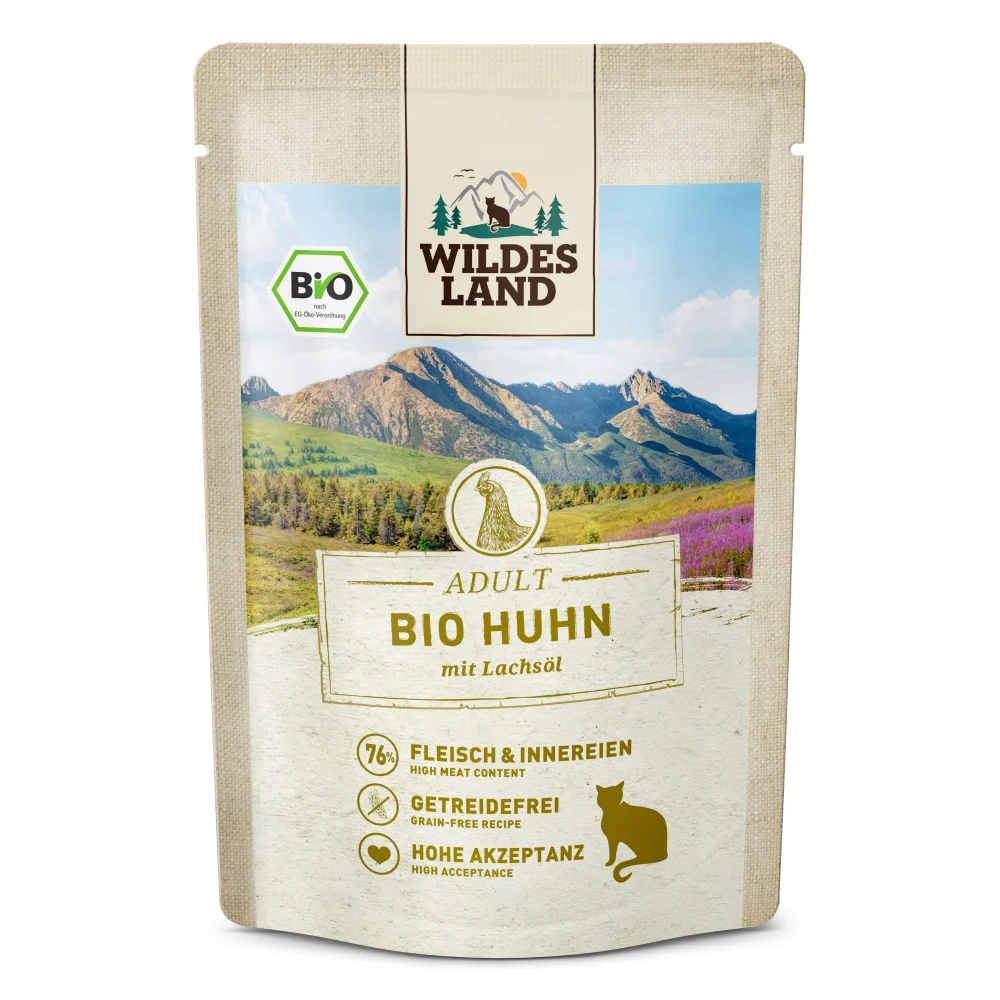 Wildes Land BIO Adult Huhn mit Lachs枚l Nassfutter 12 x 85 g