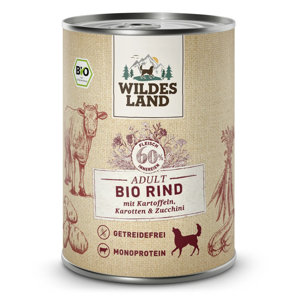 Wildes Land BIO Adult Rind mit Kartoffel & Karotte Nassfutter 12 x 400 g