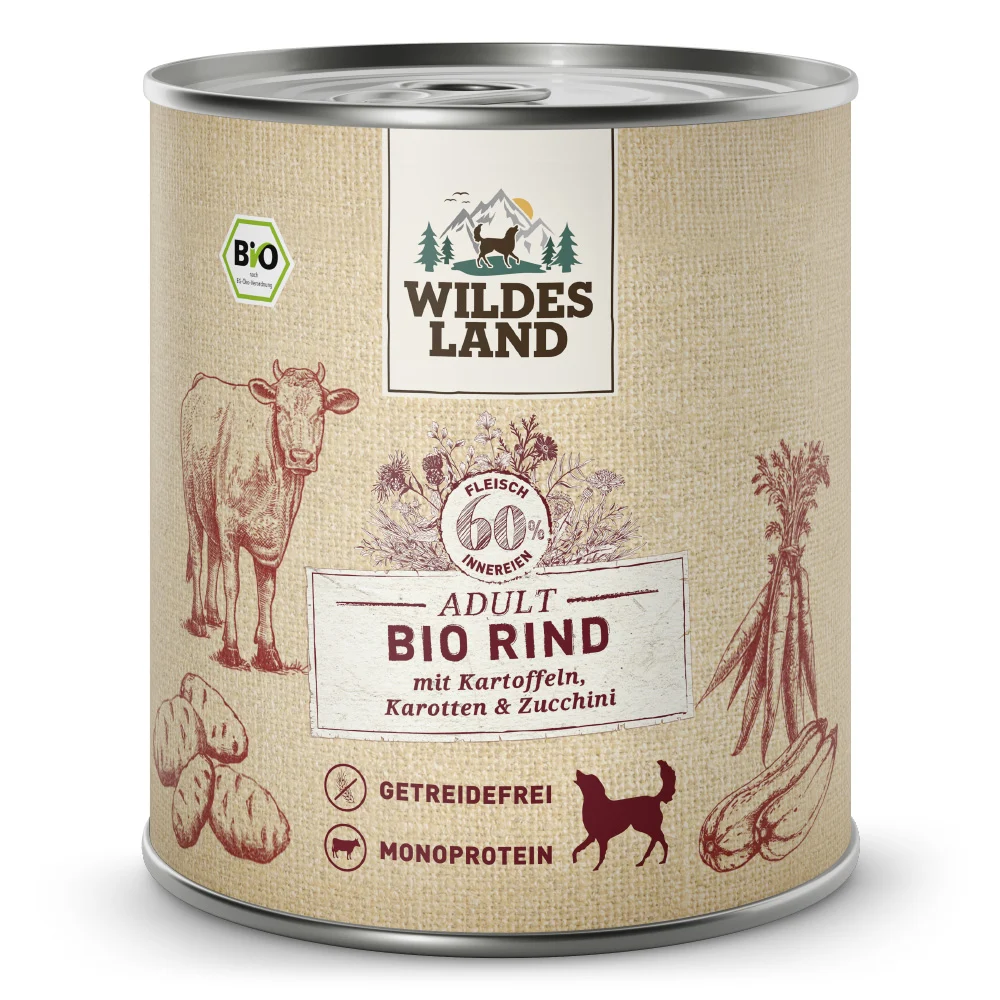 Wildes Land BIO Adult Rind mit Kartoffel & Karotte Nassfutter 12 x 800 g