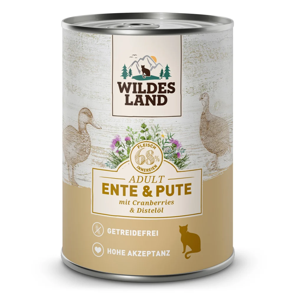 Wildes Land Classic Adult Ente und Pute mit Distel枚l Nassfutter 24 x 400 g