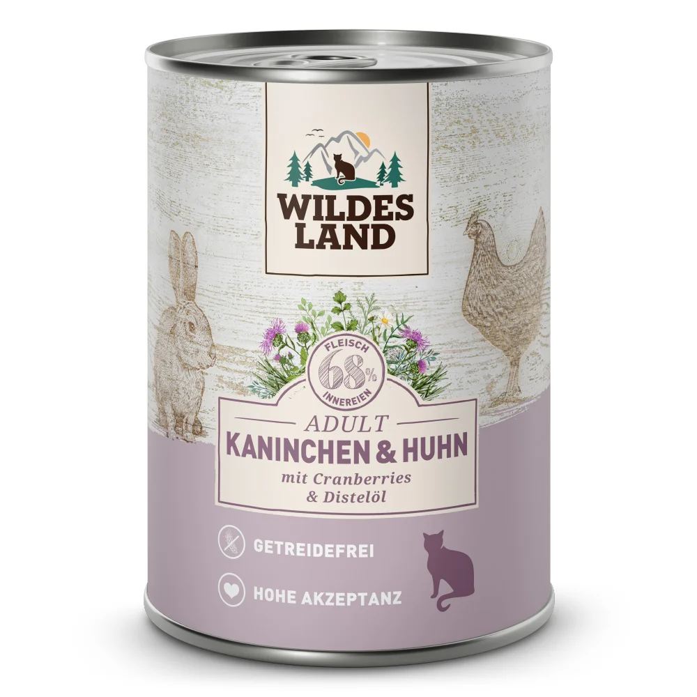 Wildes Land Classic Adult Kaninchen und Huhn mit Distel枚l Nassfutter 24 x 400 g