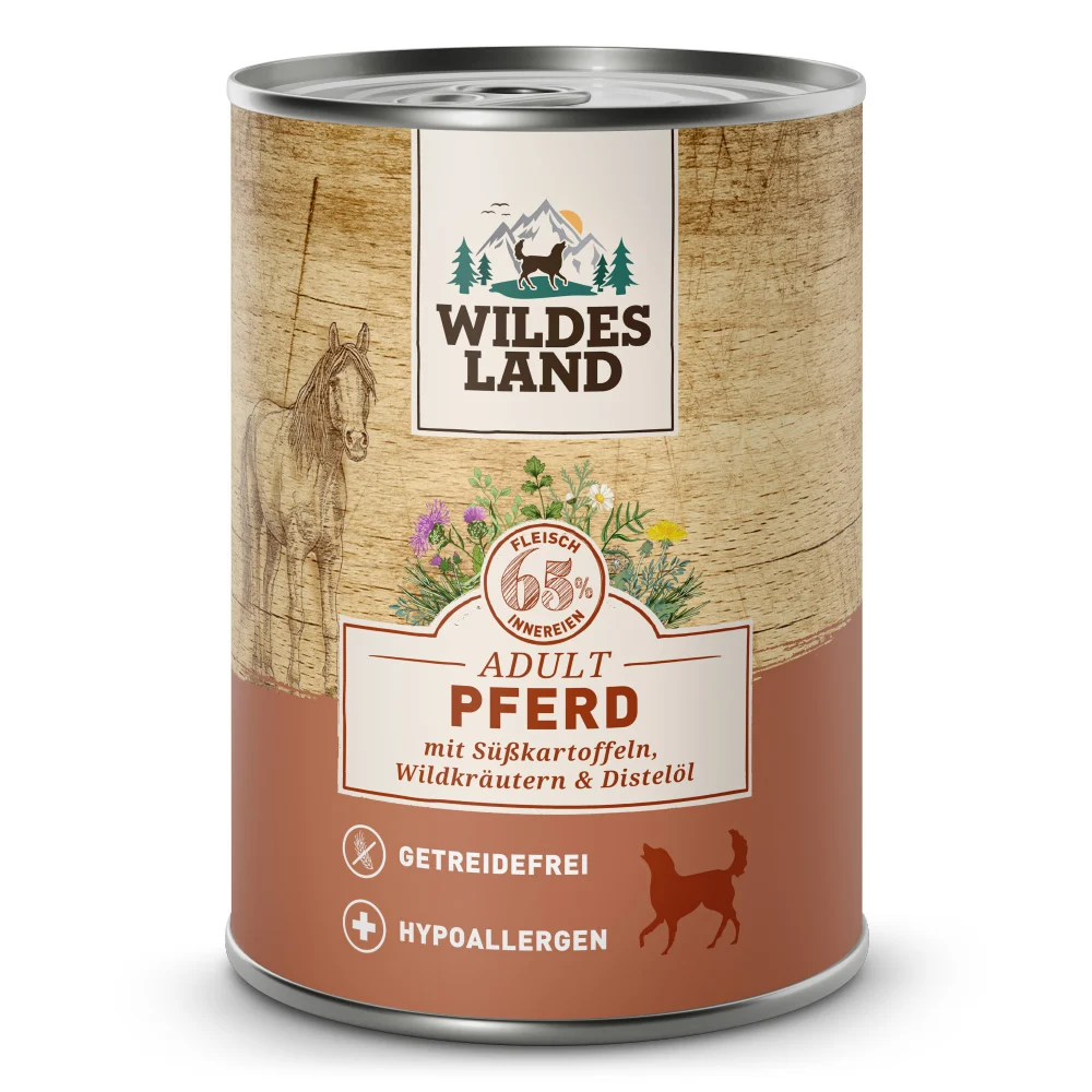 Wildes Land Classic Adult Pferd mit S眉脽kartoffel Nassfutter 24 x 400 g