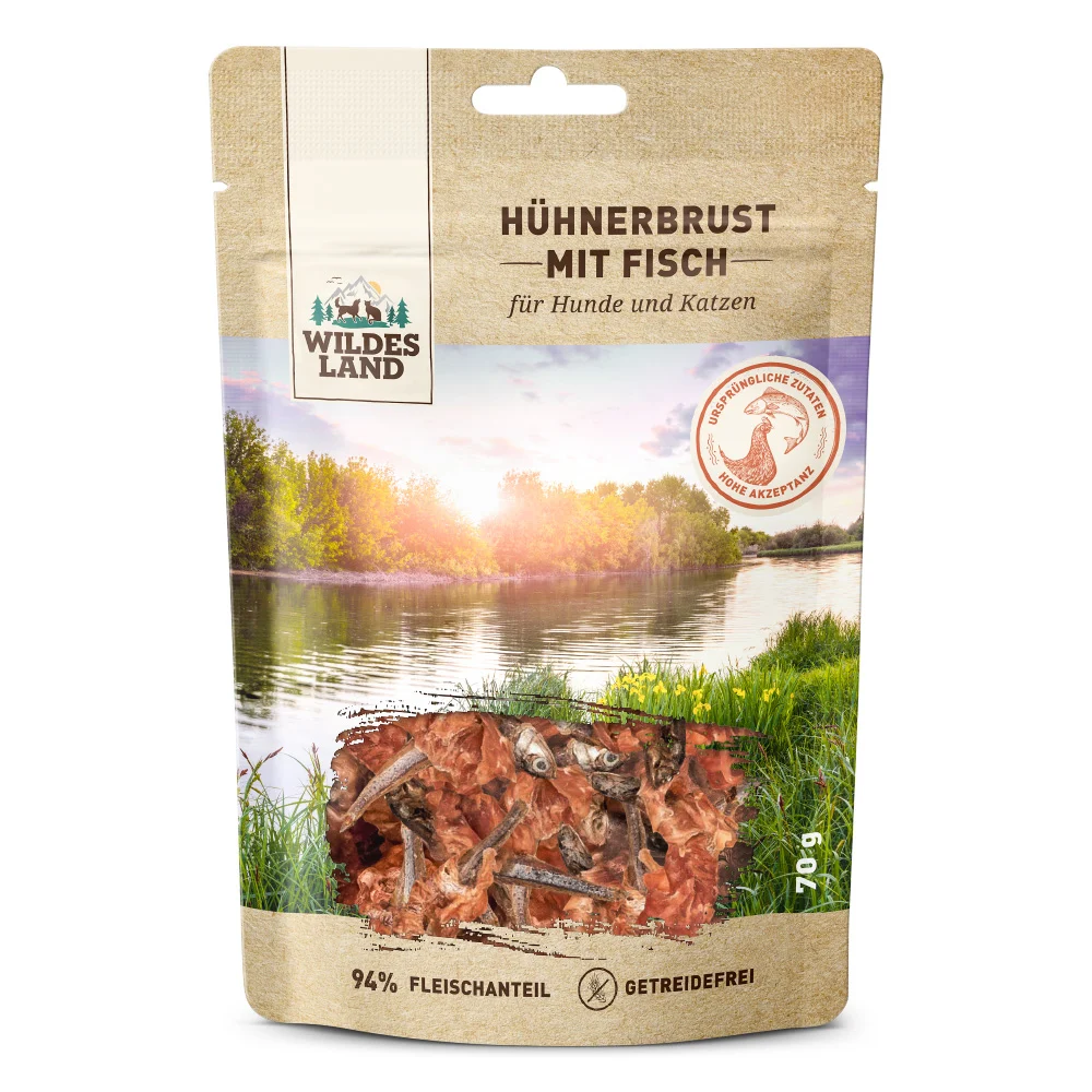 Wildes Land Fleischsnacks H眉hnerbrust mit Fisch Snack 5 x 70 g