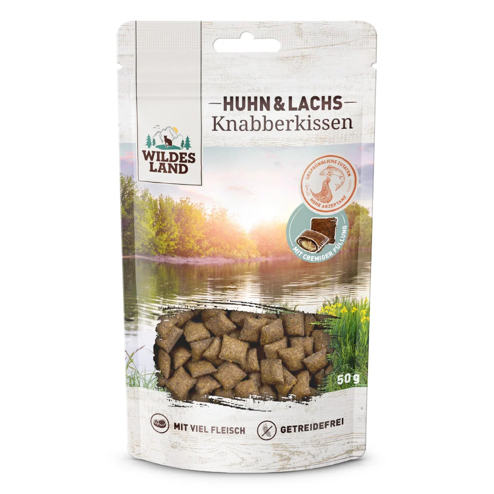 Wildes Land Knabberkissen Huhn und Lachs Snack 50 g