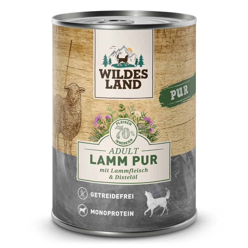 Wildes Land PUR Adult Lamm mit Distel枚l Nassfutter 6 x 400 g