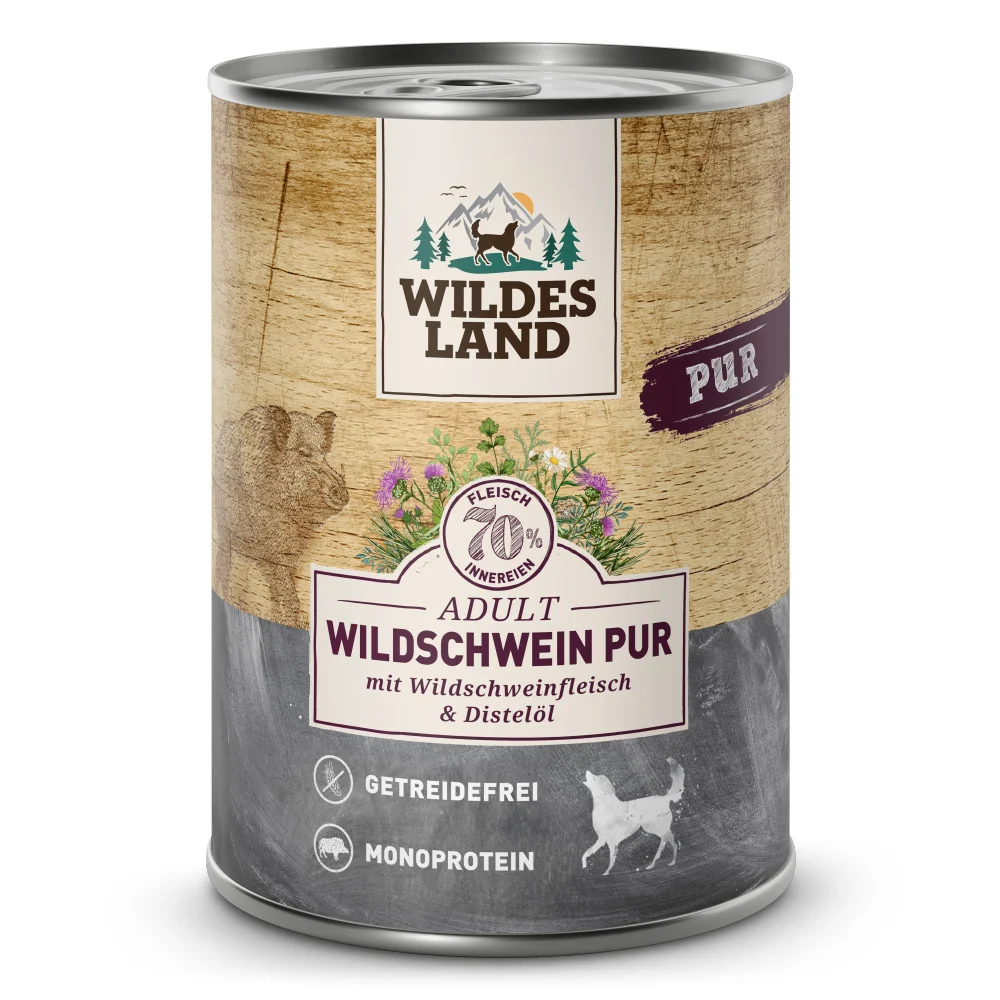Wildes Land PUR Adult Wildschwein mit Distel枚l Nassfutter 12 x 400 g