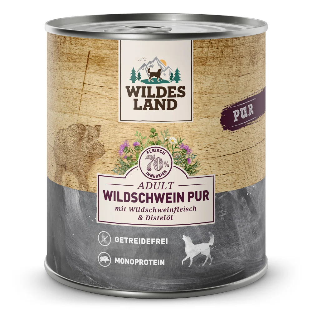 Wildes Land PUR Adult Wildschwein mit Distel枚l Nassfutter 24 x 800 g