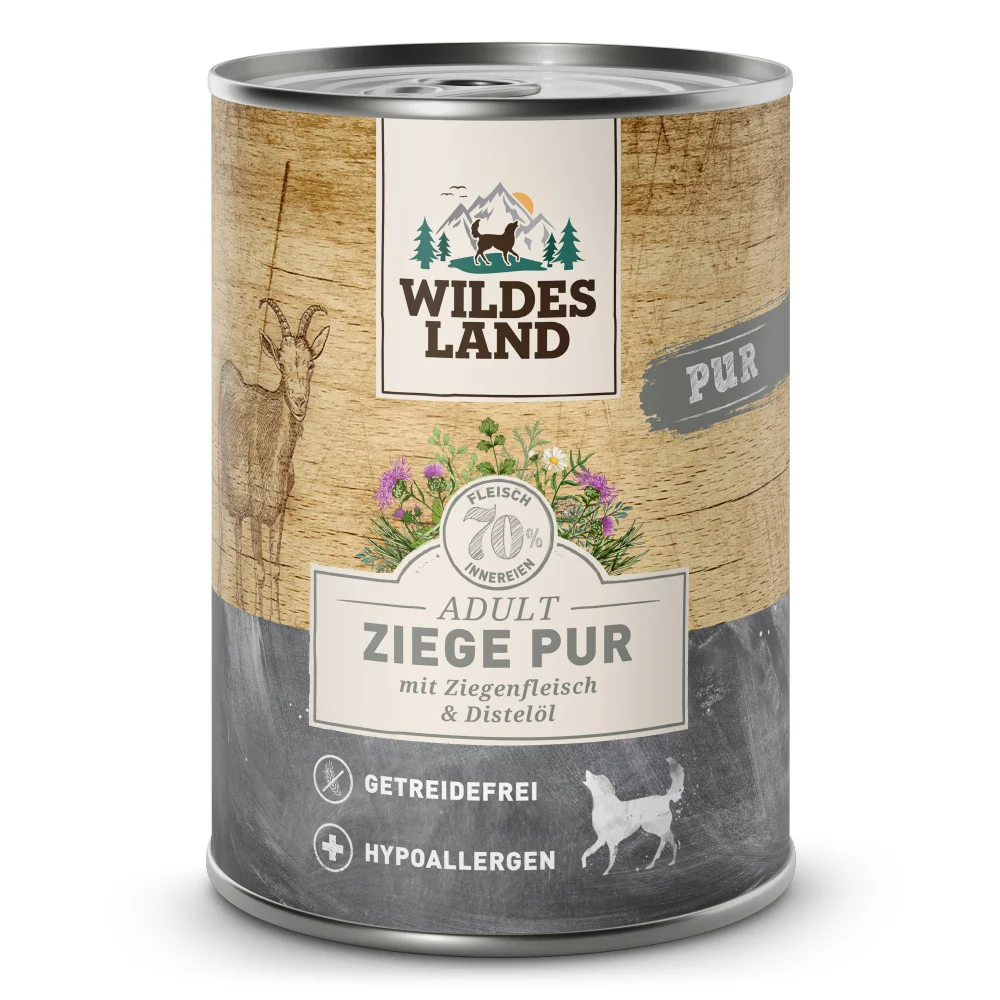 Wildes Land PUR Adult Ziege mit Distel枚l Nassfutter 12 x 400 g
